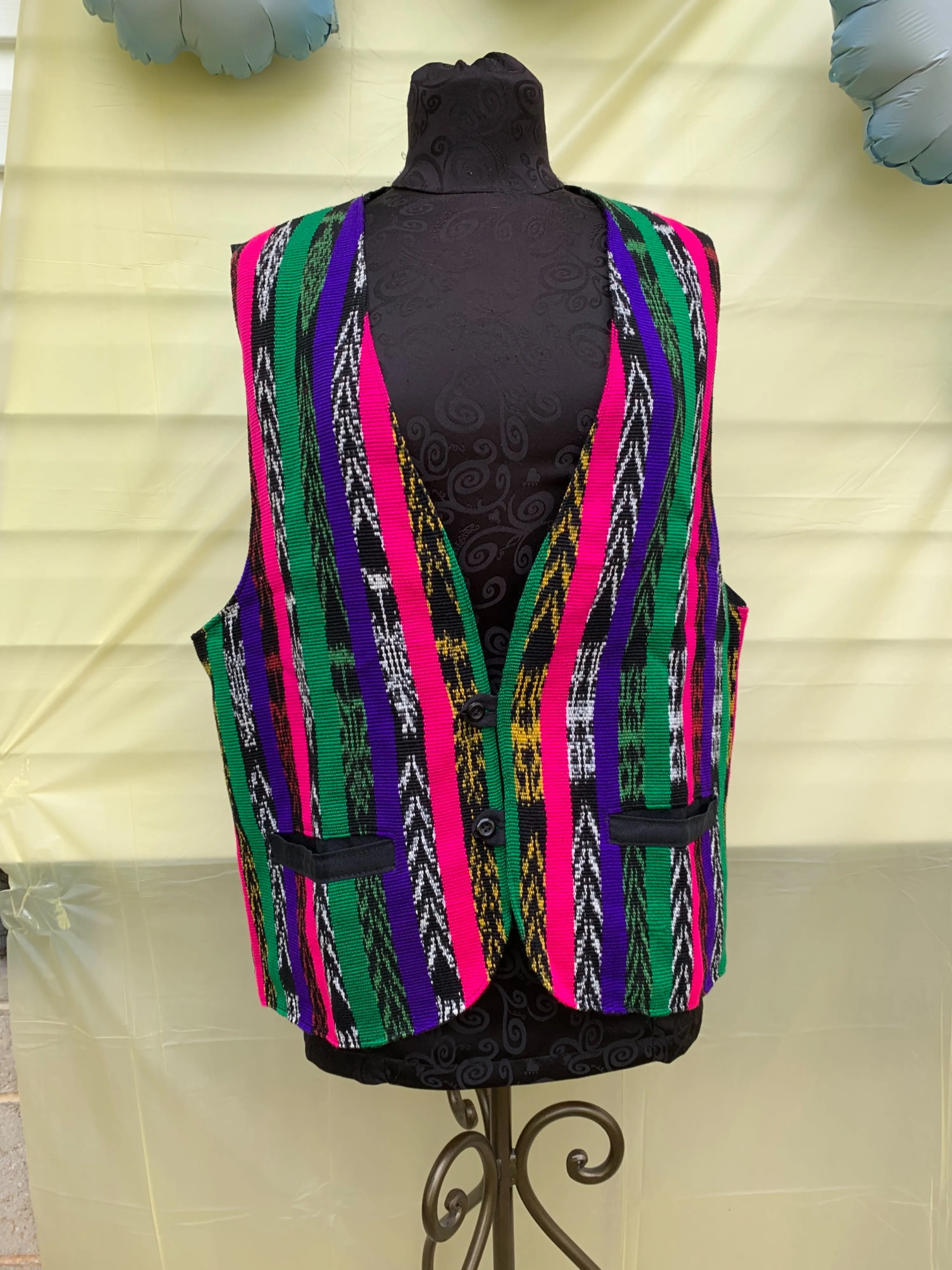 00's Neon Pink Green and Violet Striped Geometric Print Woven Vest