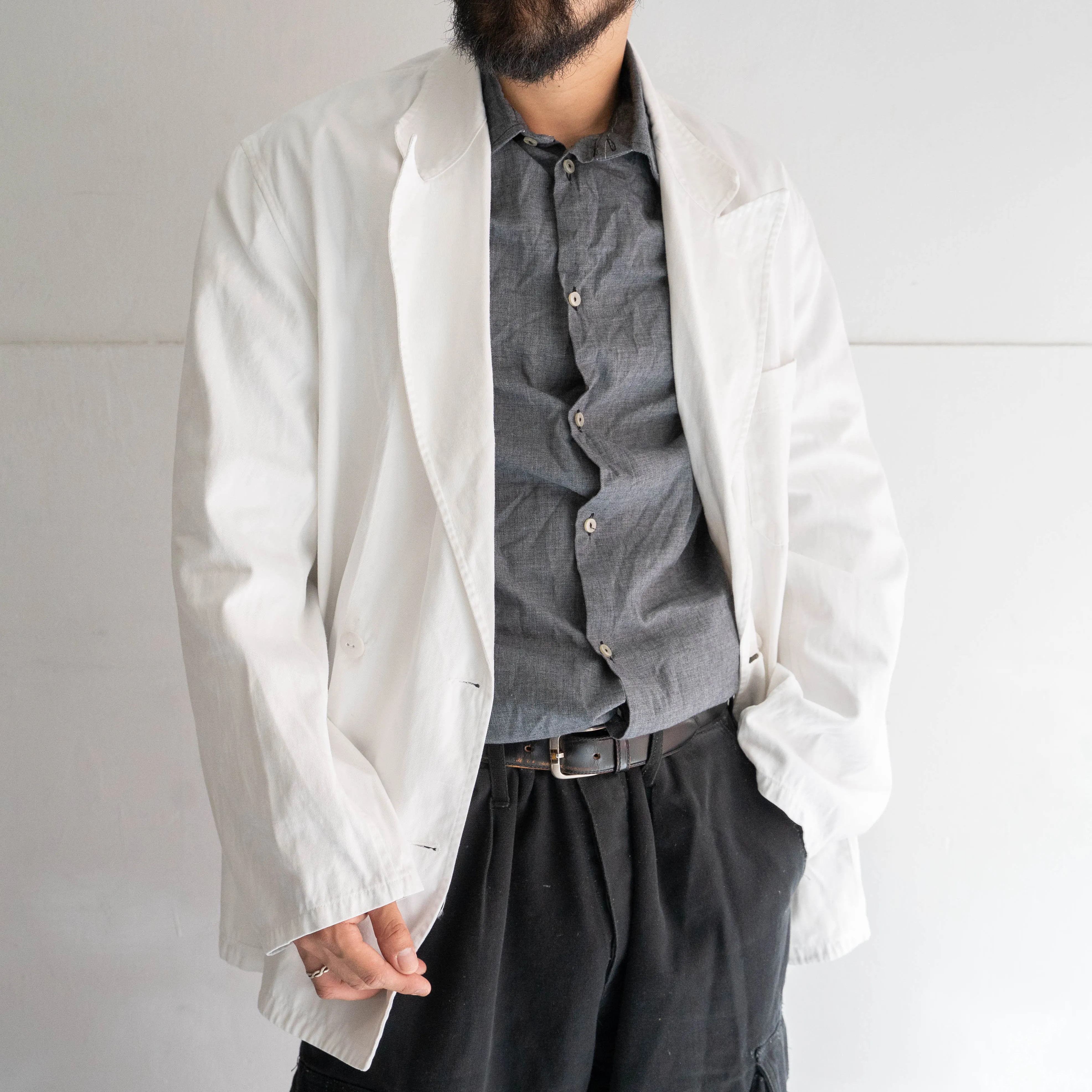 1970-80s French white cotton twill work jacket 'tailored type'