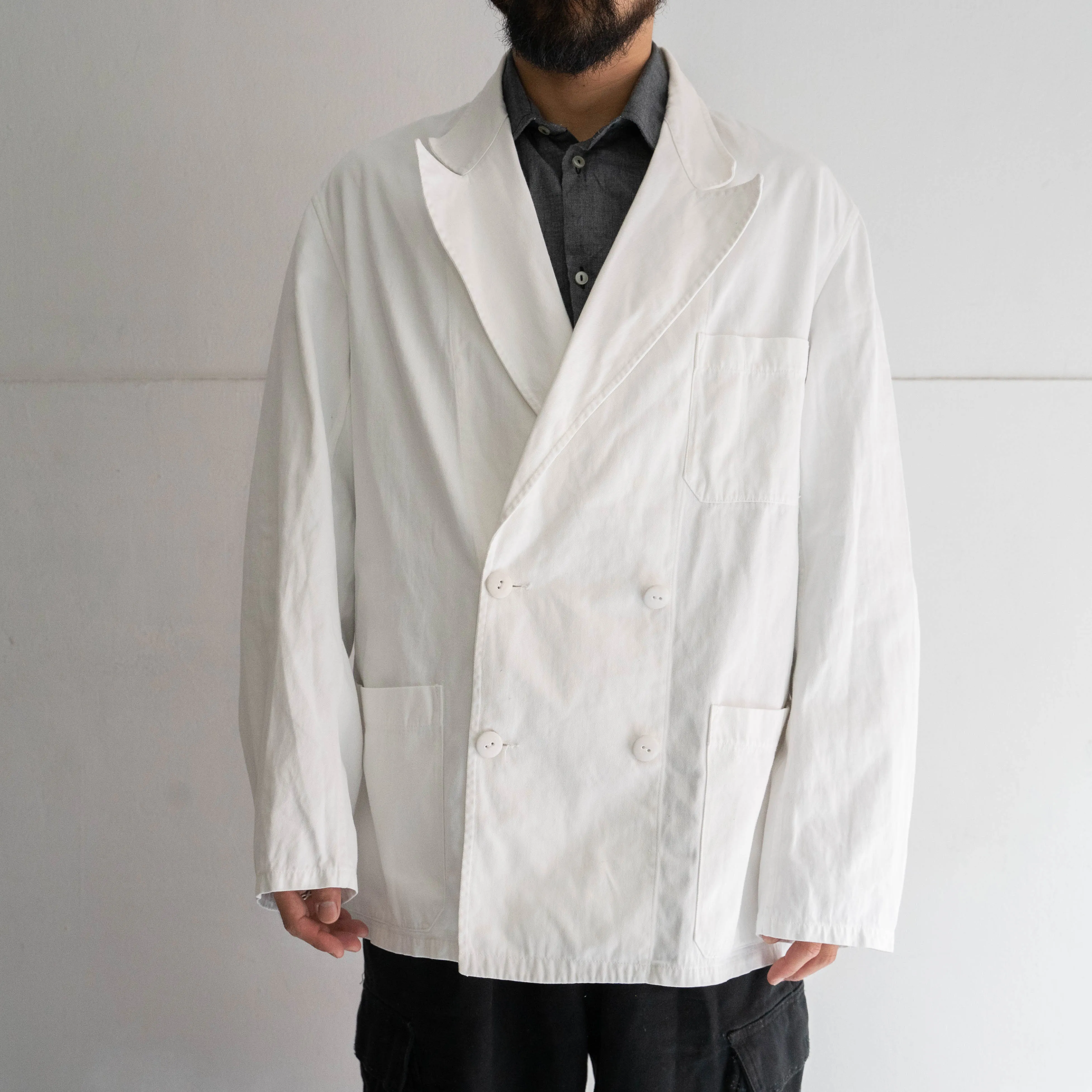 1970-80s French white cotton twill work jacket 'tailored type'