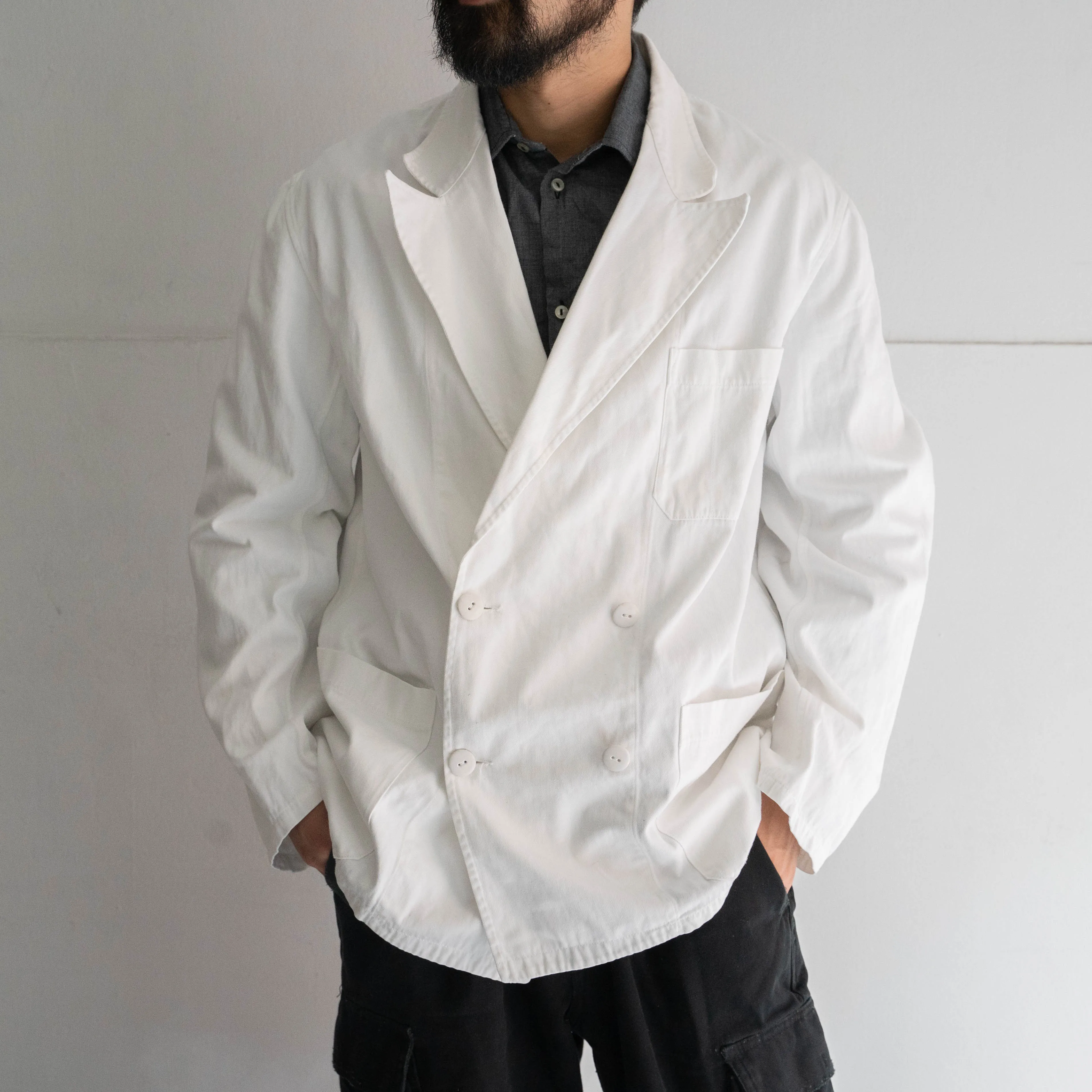 1970-80s French white cotton twill work jacket 'tailored type'