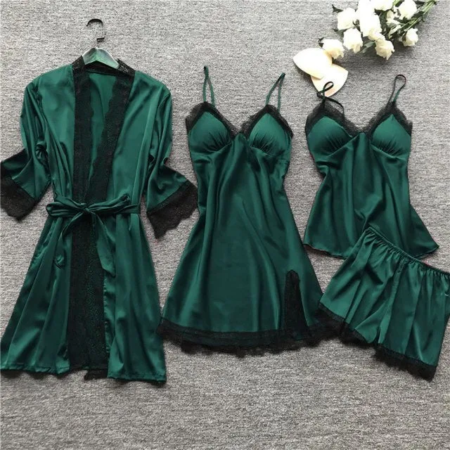 4 Pieces Women Pajamas Sets Satin Sleepwear Silk Nightwear Pyjama Soild Strap Lace Sleep Lounge Pijama With Chest Pads