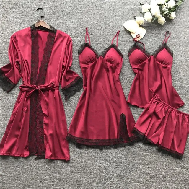 4 Pieces Women Pajamas Sets Satin Sleepwear Silk Nightwear Pyjama Soild Strap Lace Sleep Lounge Pijama With Chest Pads