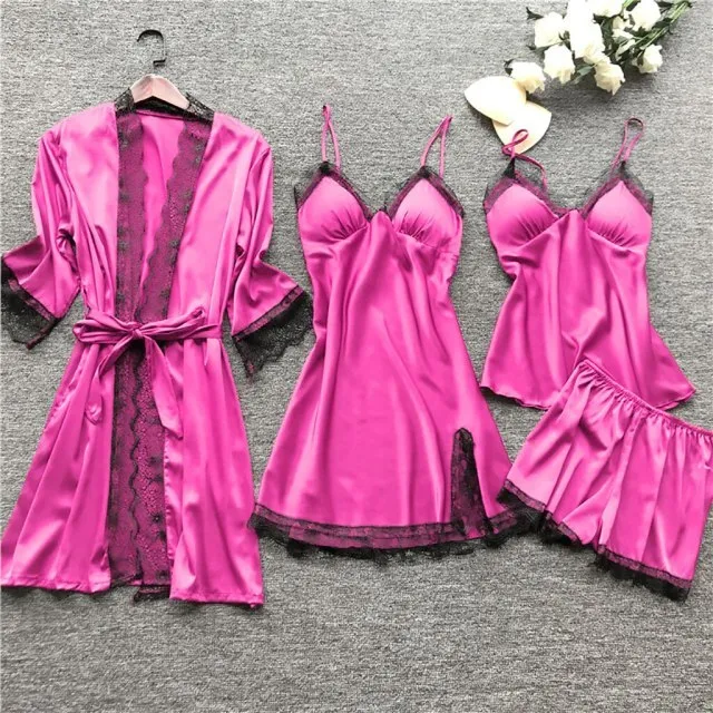 4 Pieces Women Pajamas Sets Satin Sleepwear Silk Nightwear Pyjama Soild Strap Lace Sleep Lounge Pijama With Chest Pads