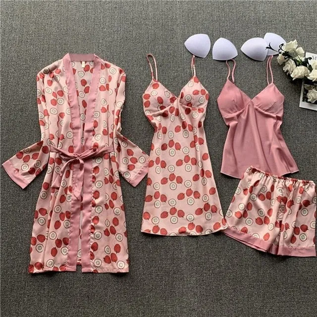 4 Pieces Women Pajamas Sets Satin Sleepwear Silk Nightwear Pyjama Soild Strap Lace Sleep Lounge Pijama With Chest Pads