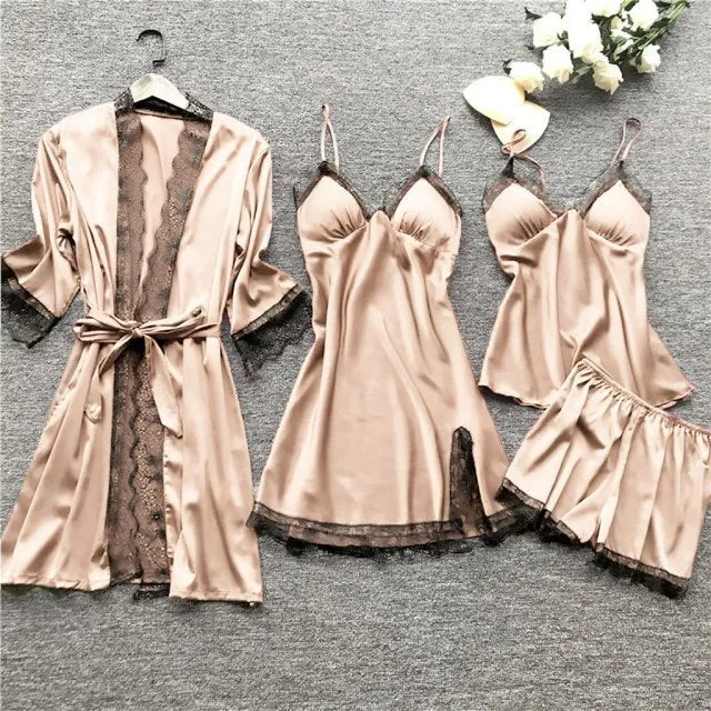 4 Pieces Women Pajamas Sets Satin Sleepwear Silk Nightwear Pyjama Soild Strap Lace Sleep Lounge Pijama With Chest Pads