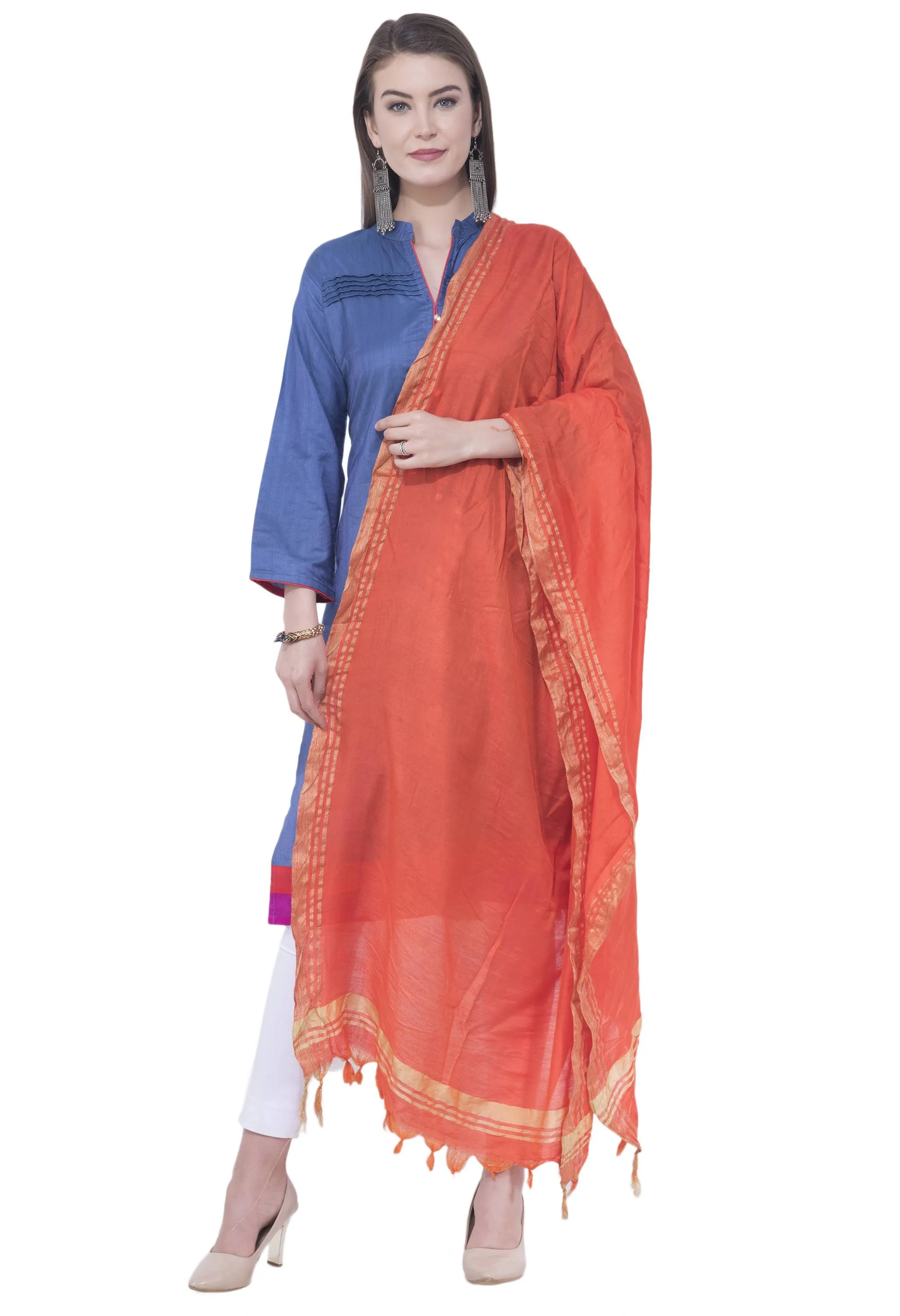 A R SILK Orange Color Golden border Cotton Dupattas and Chunnis