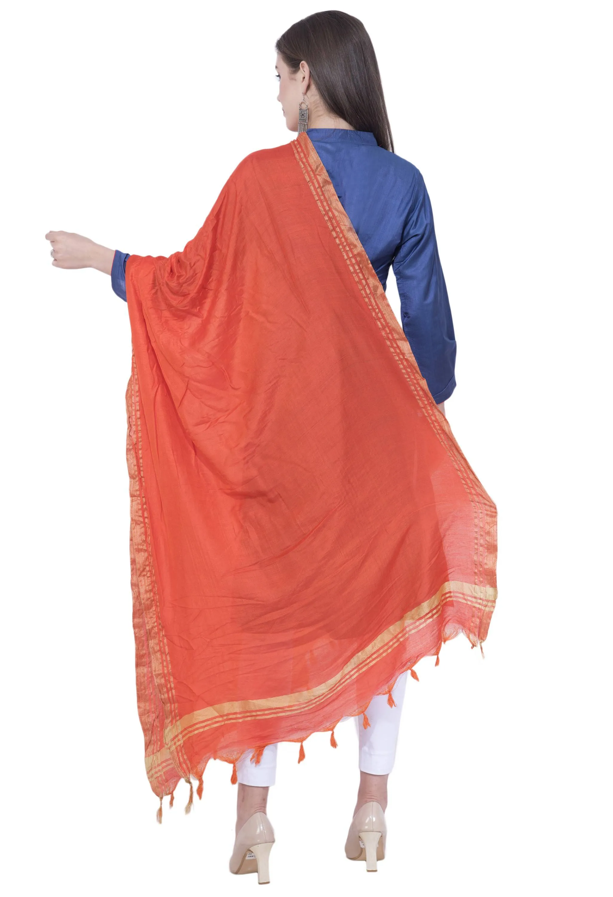 A R SILK Orange Color Golden border Cotton Dupattas and Chunnis