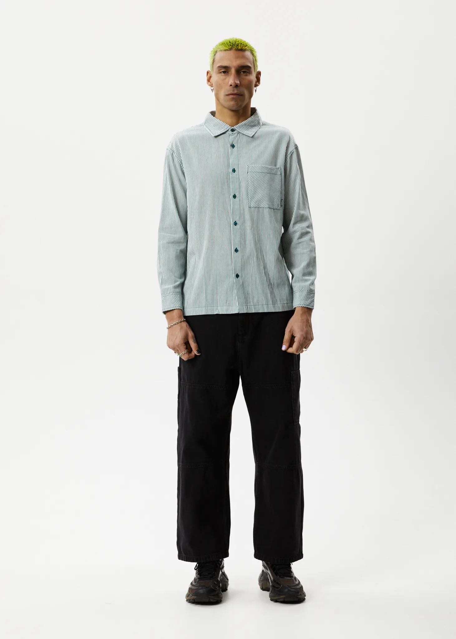 AFENDS Mens Intergalactic - Long Sleeve Shirt - Emerald Stripe