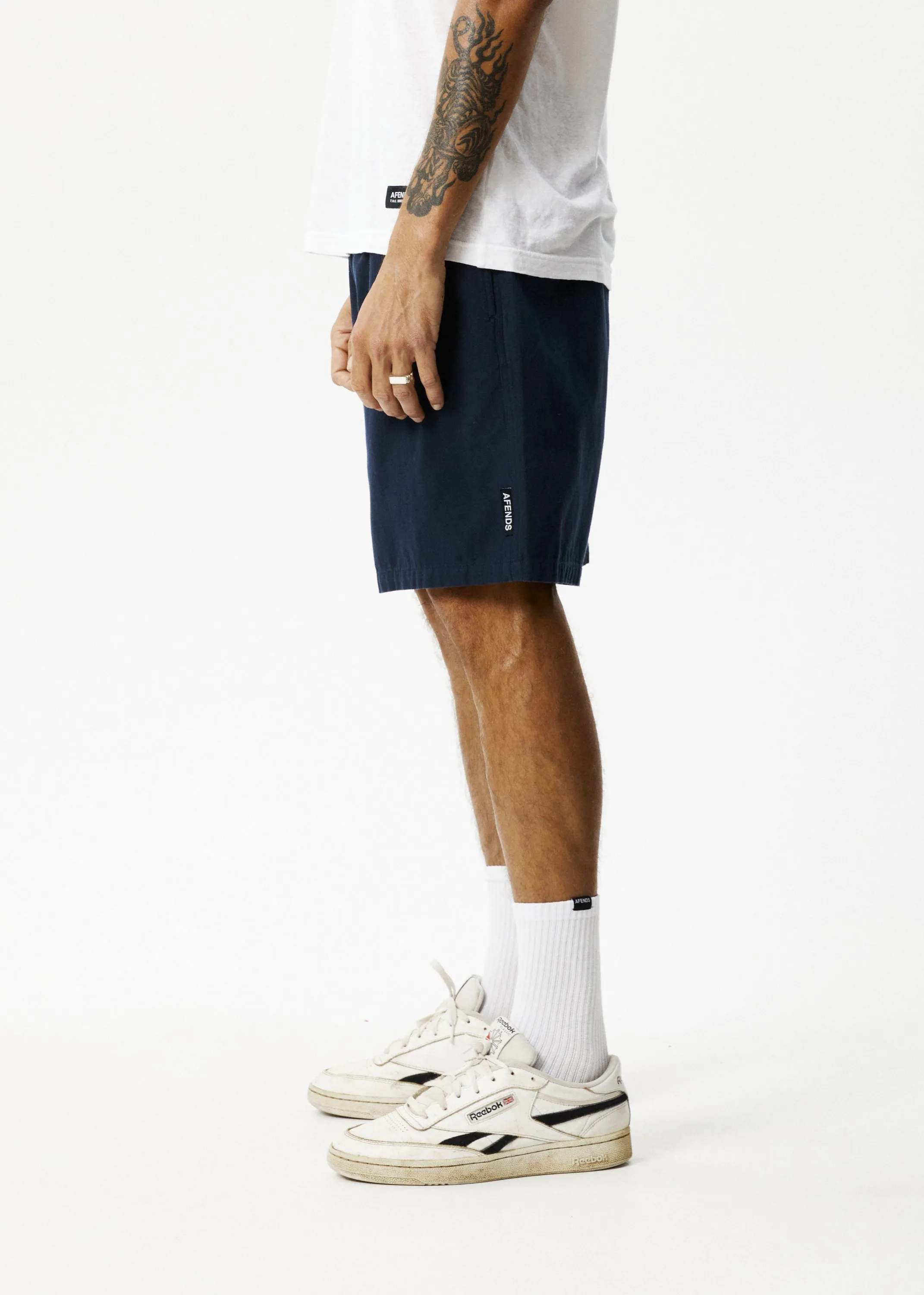 AFENDS Mens Ninety Eights - Baggy Elastic Waist Shorts - Navy