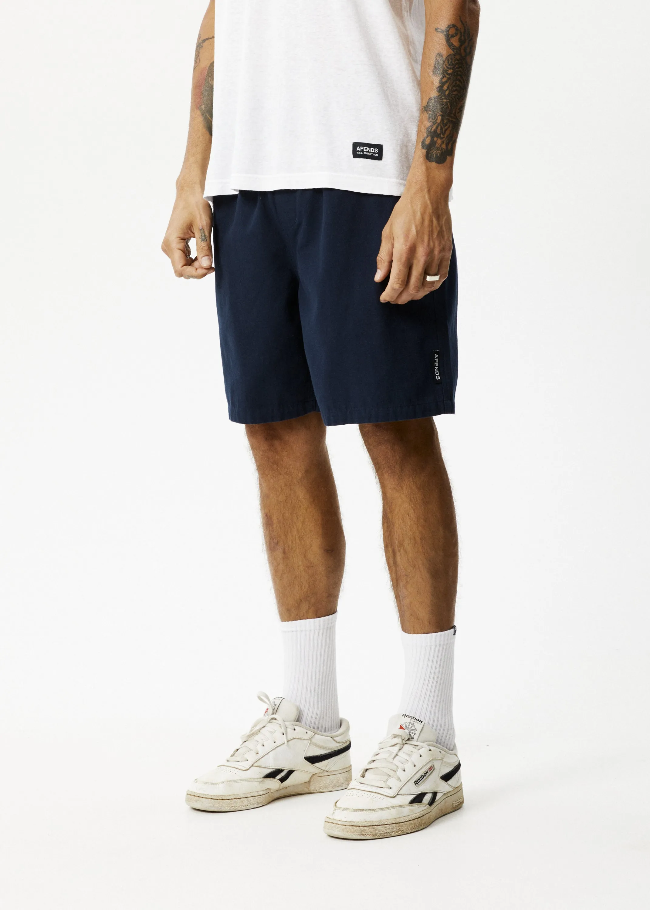 AFENDS Mens Ninety Eights - Baggy Elastic Waist Shorts - Navy