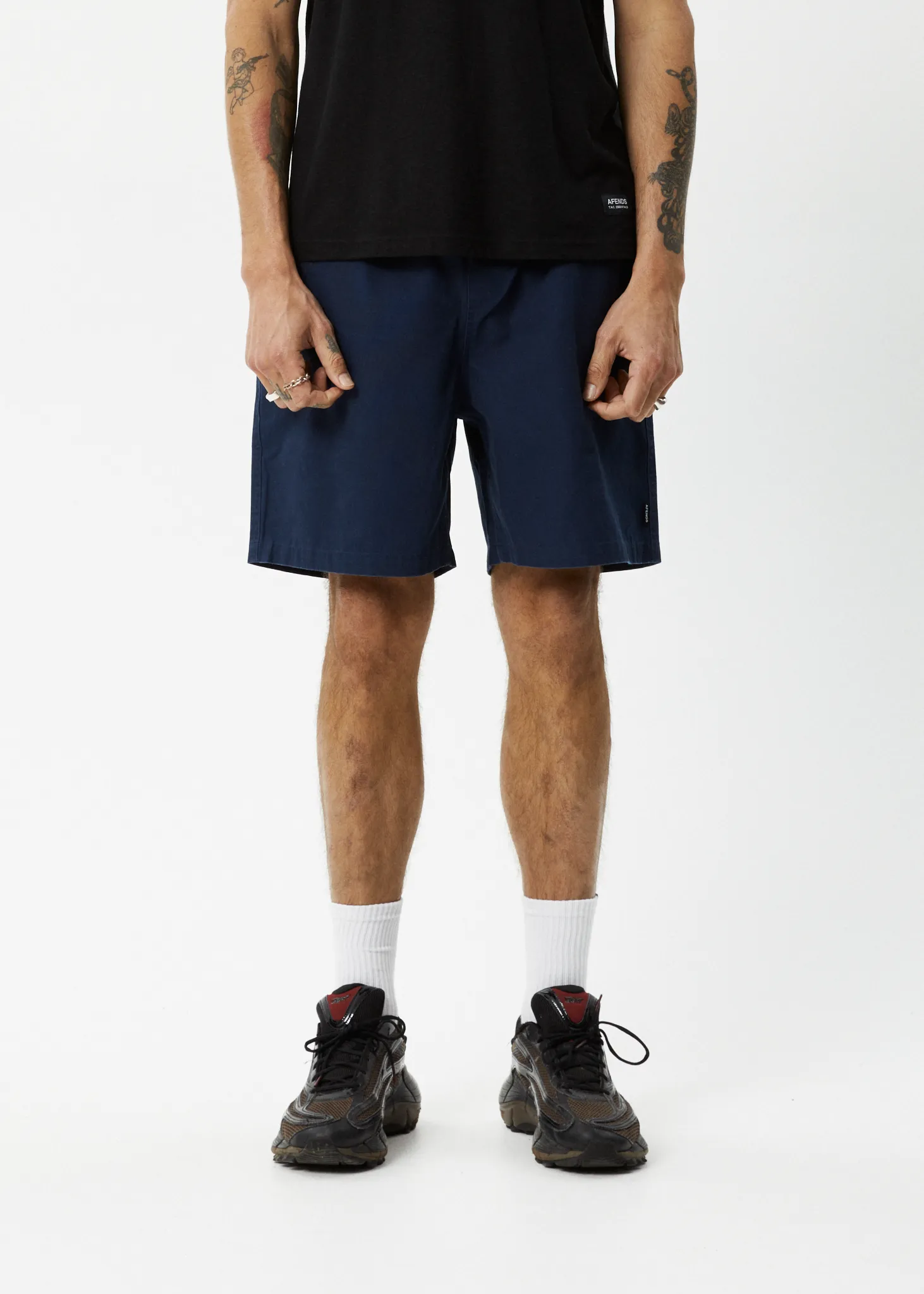 AFENDS Mens Ninety Eights - Baggy Elastic Waist Shorts - Navy