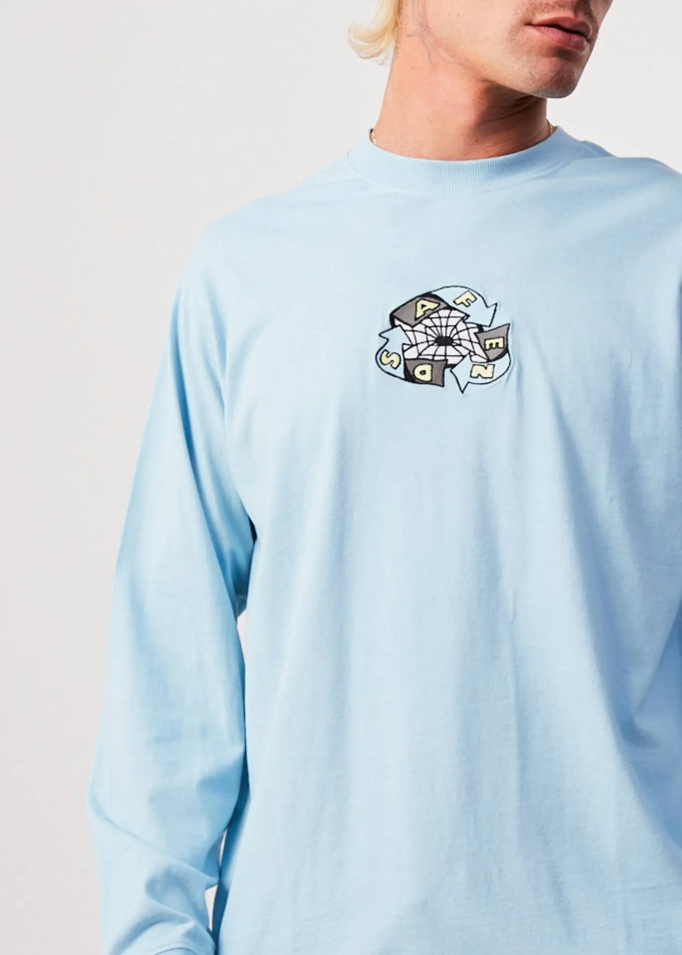 AFENDS Mens Warped - Long Sleeve Graphic T-Shirt - Sky Blue