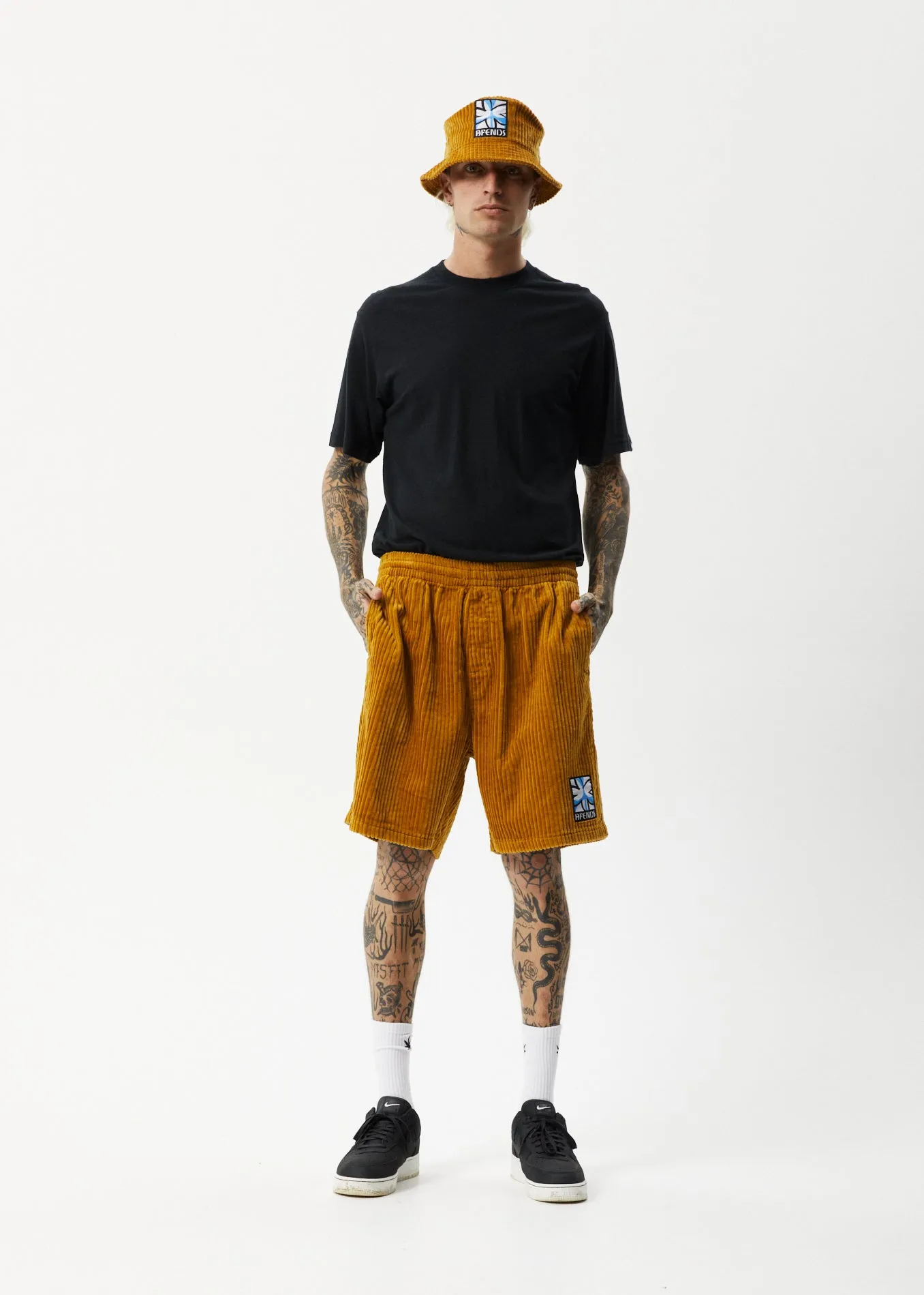 AFENDS Mens Waterfall Ninety Eights - Corduroy Elastic Waist Shorts - Mustard