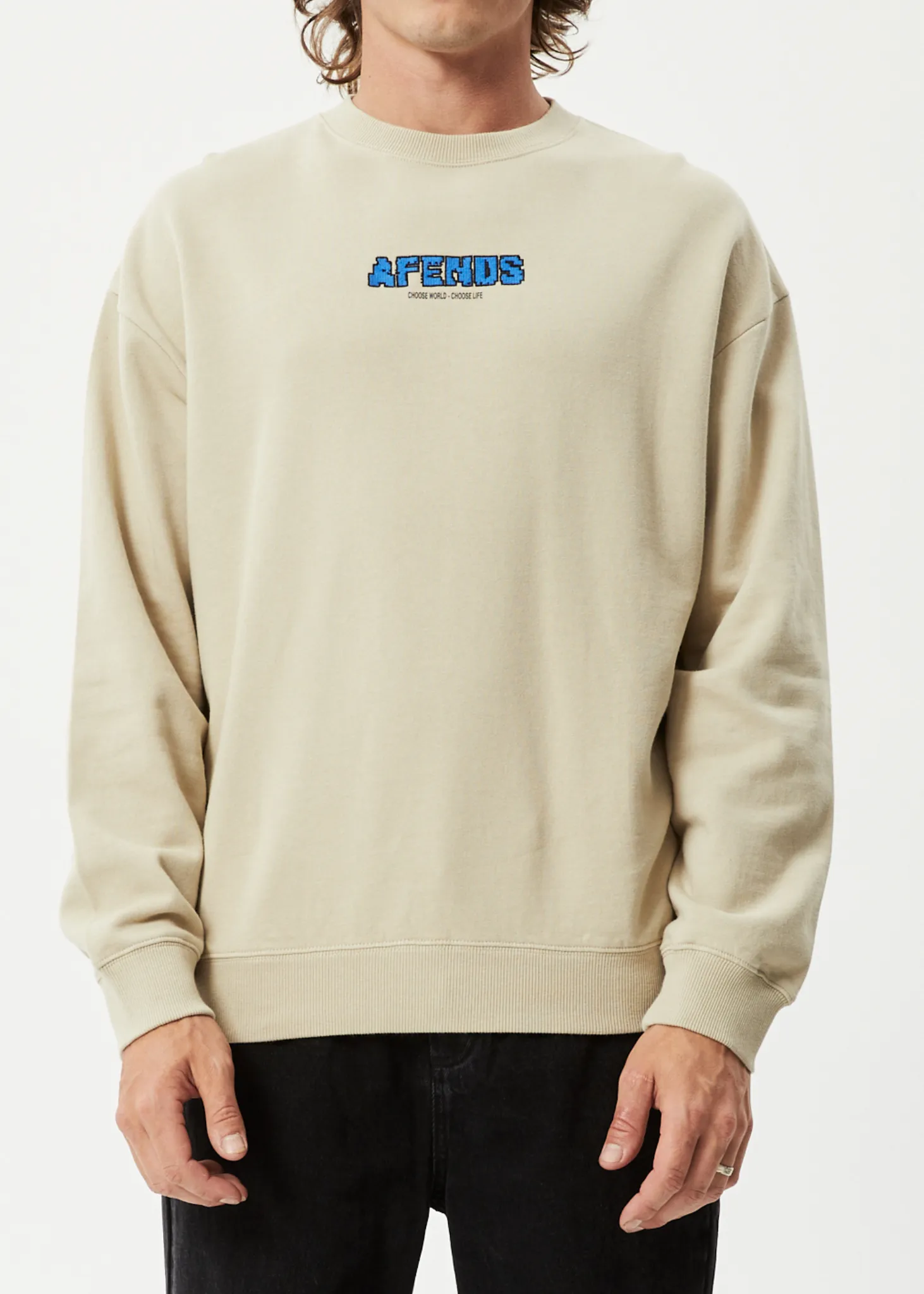 AFENDS Mens World - Crew Neck Jumper- Cement