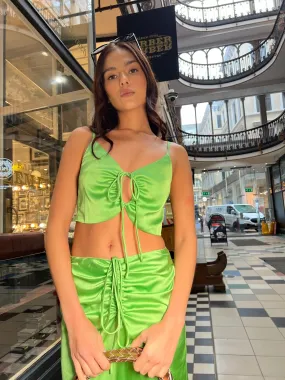 Apple-Green Satin Ruched Keyhole Crop-top