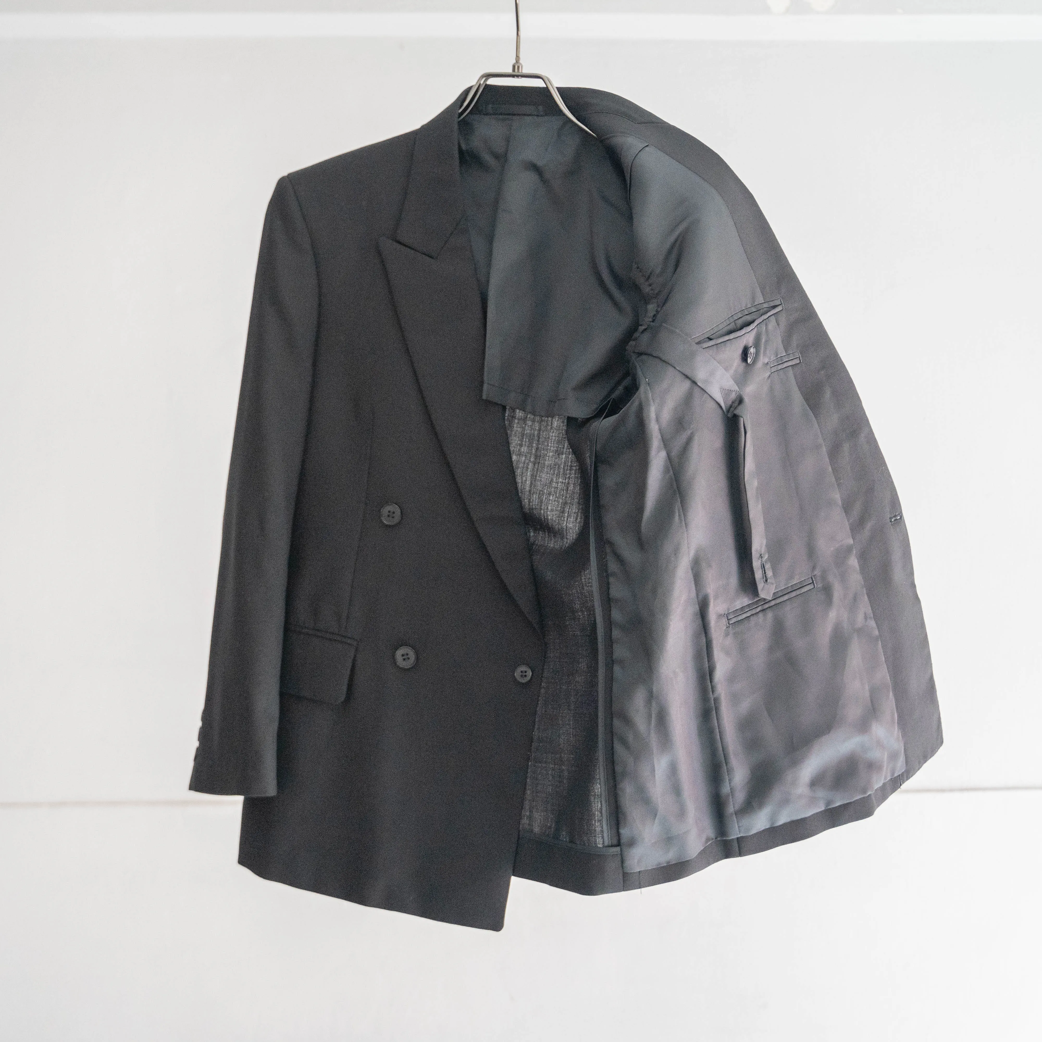 around 1990s Japan vintage black color wool double breasted tailored jacket -light weight-