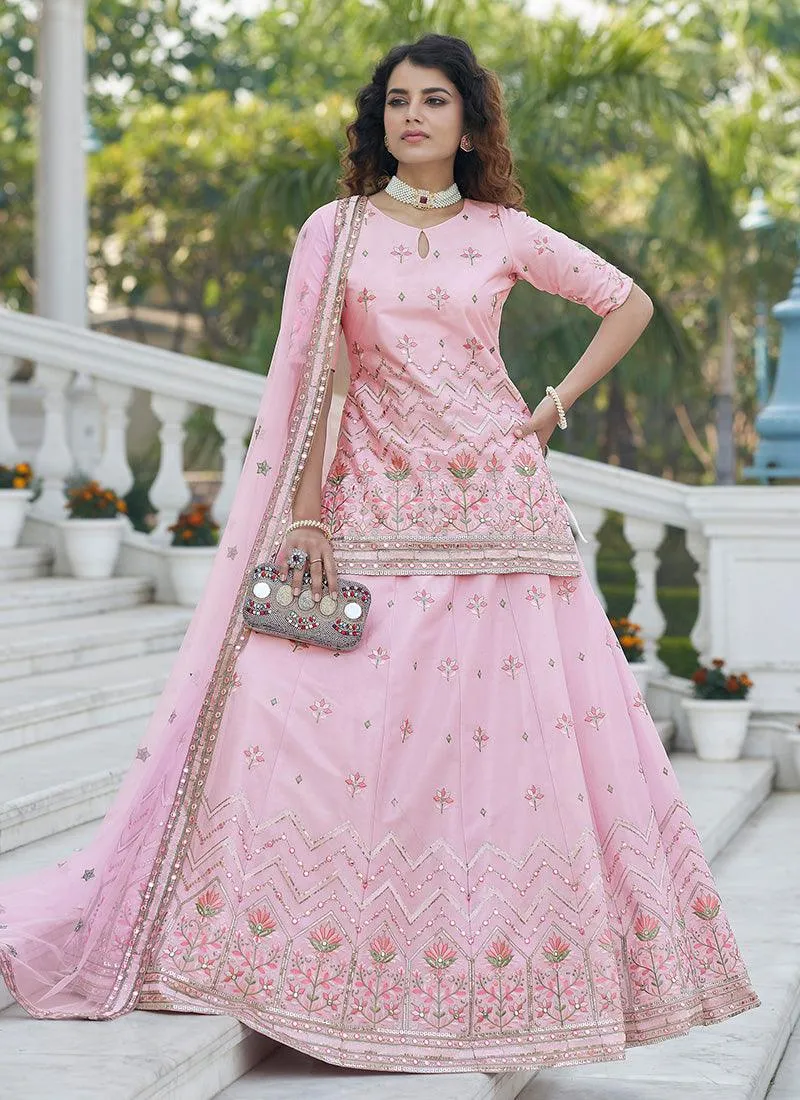 Art Silk Base Baby Pink Lehenga With Long Choli