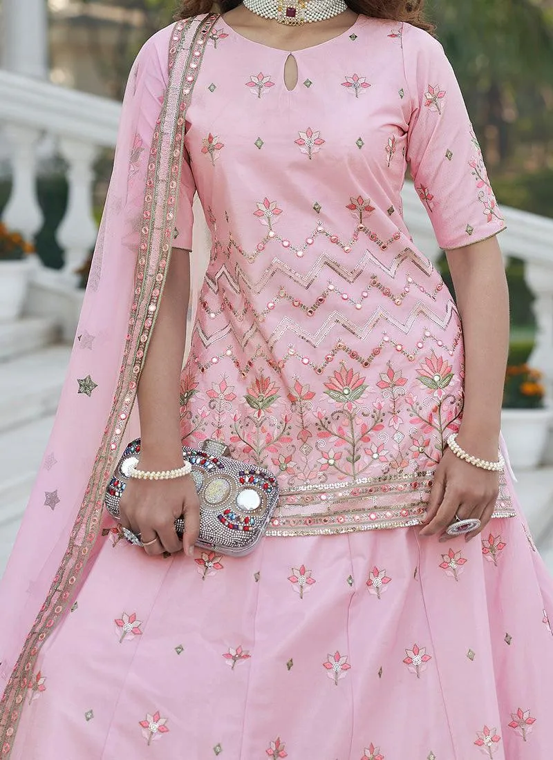 Art Silk Base Baby Pink Lehenga With Long Choli