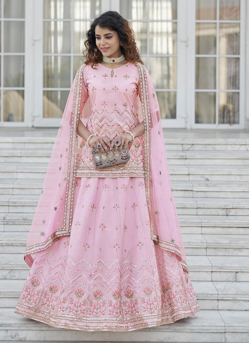 Art Silk Base Baby Pink Lehenga With Long Choli