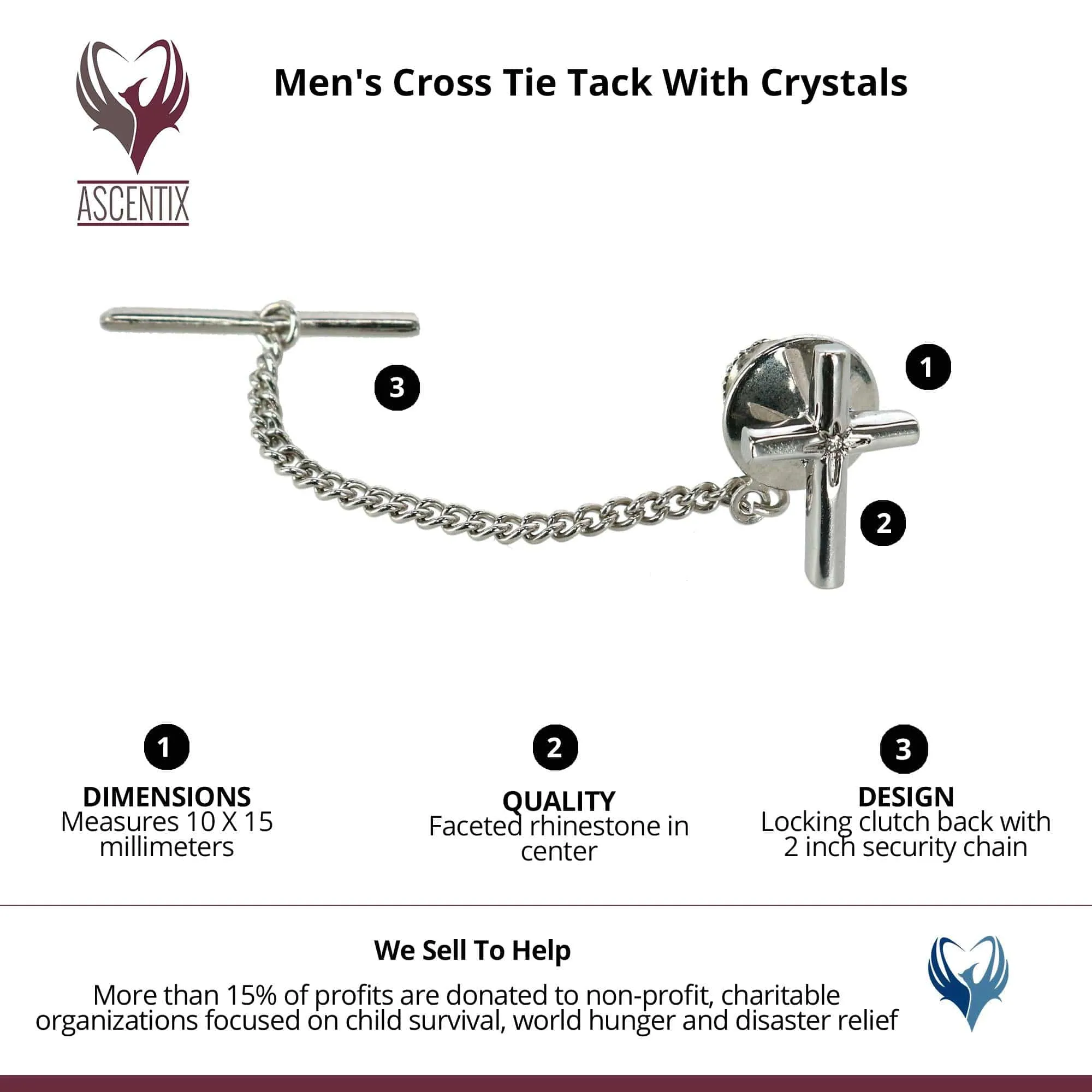 Ascentix Men's Cross Tie Tack with Crystal Center