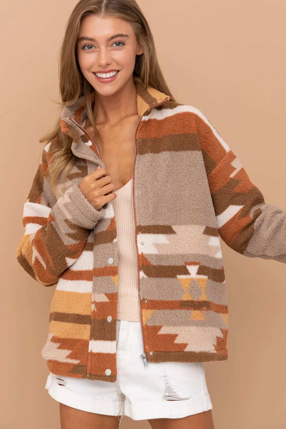 Aztec Soft Cozy Zip Up Lined Snap Up Jacket