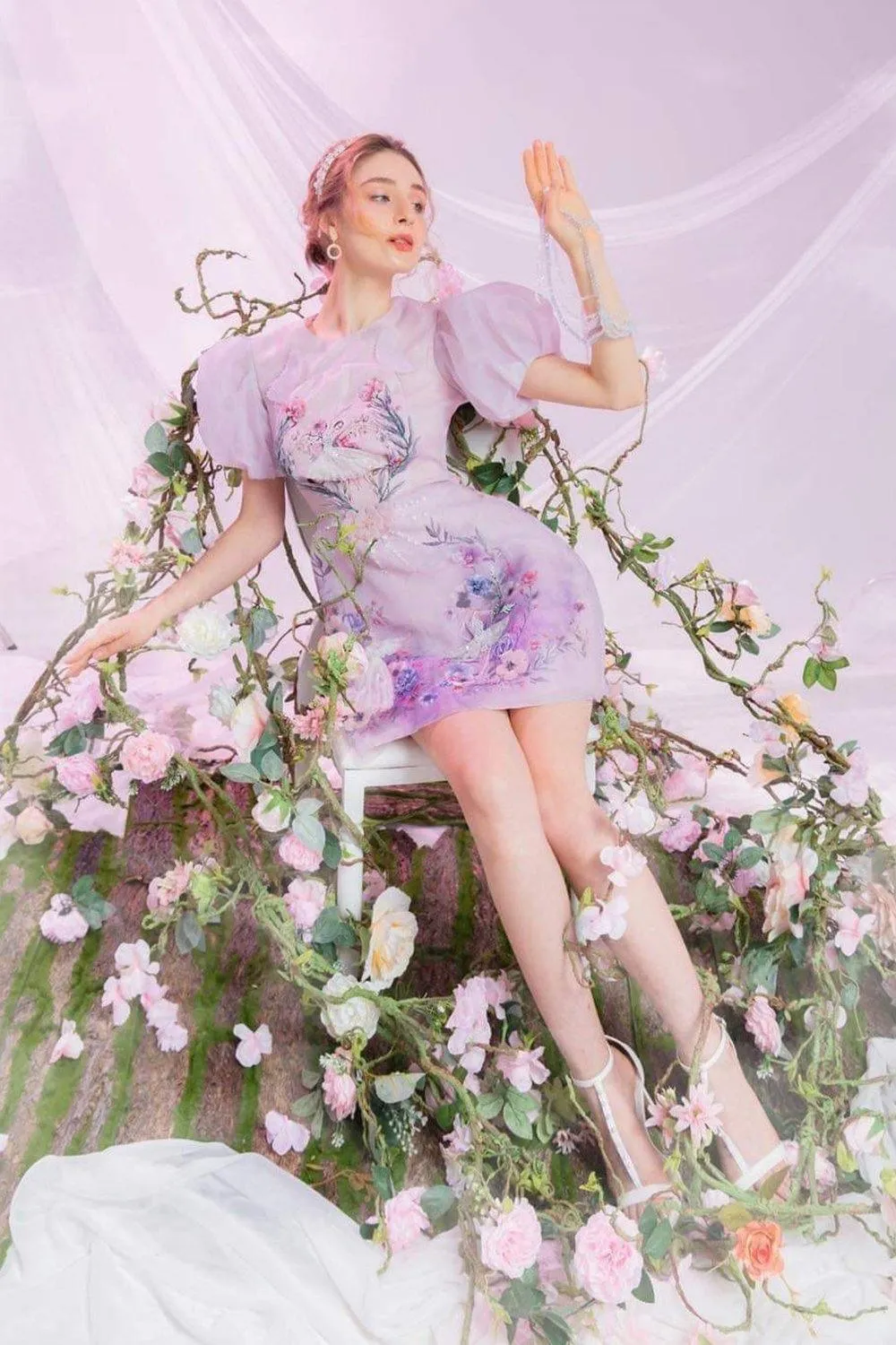 Ballet A-line Puffy Sleeved Silk Organza Mini Dress