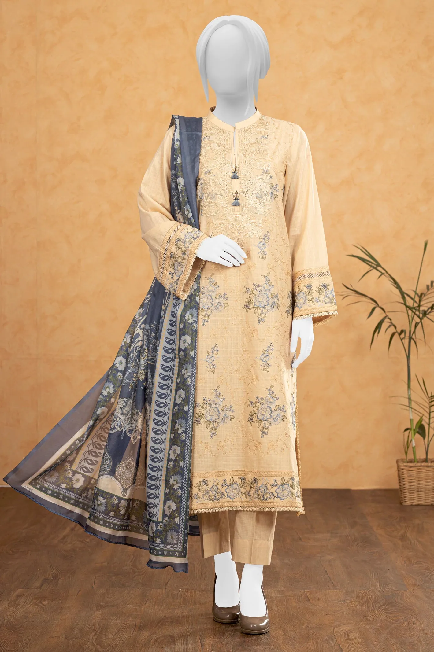 Beige Embroidered 3PC Unstitched