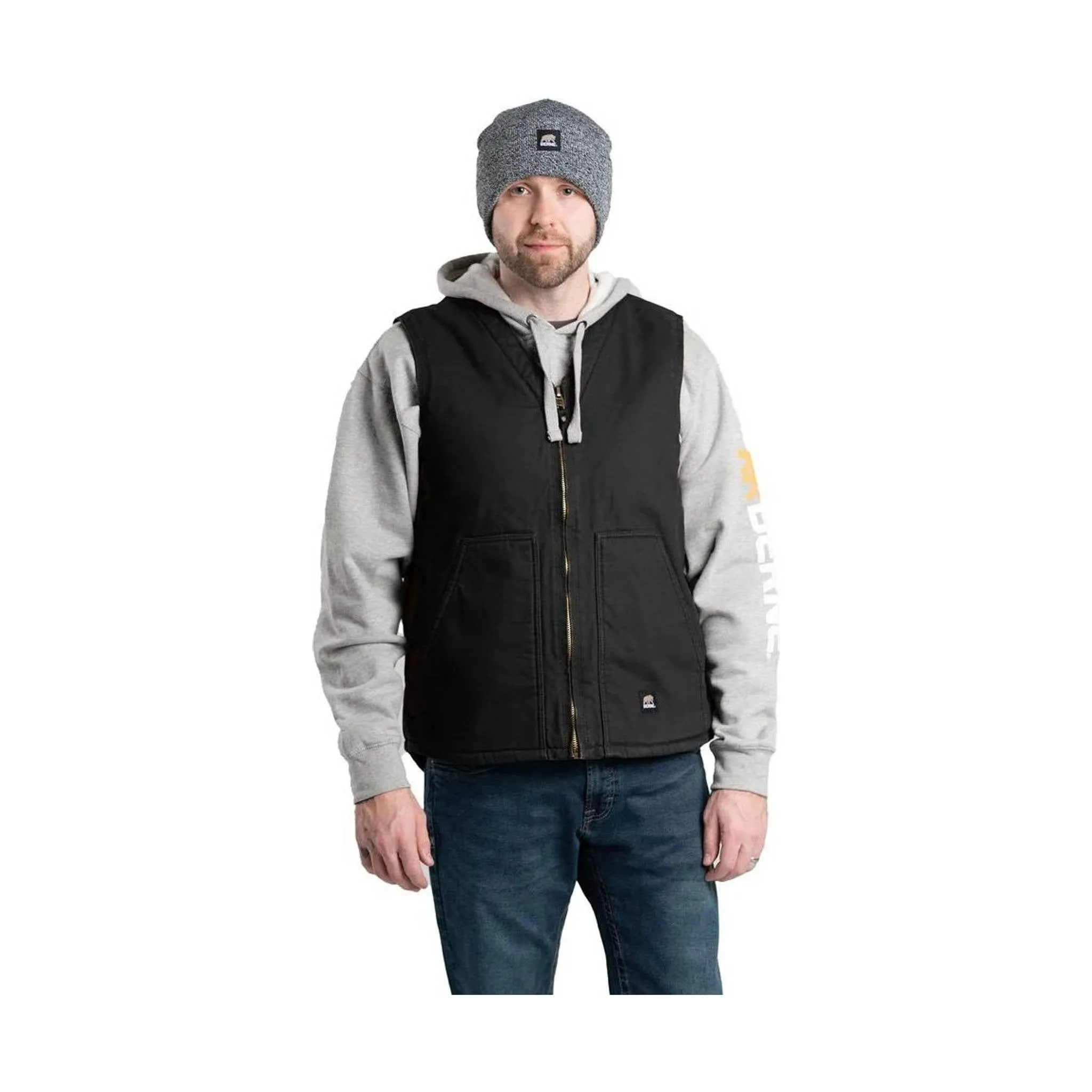 Berne Men's Heartland Sherpa-Lined Washed Duck V-Neck Vest - Black