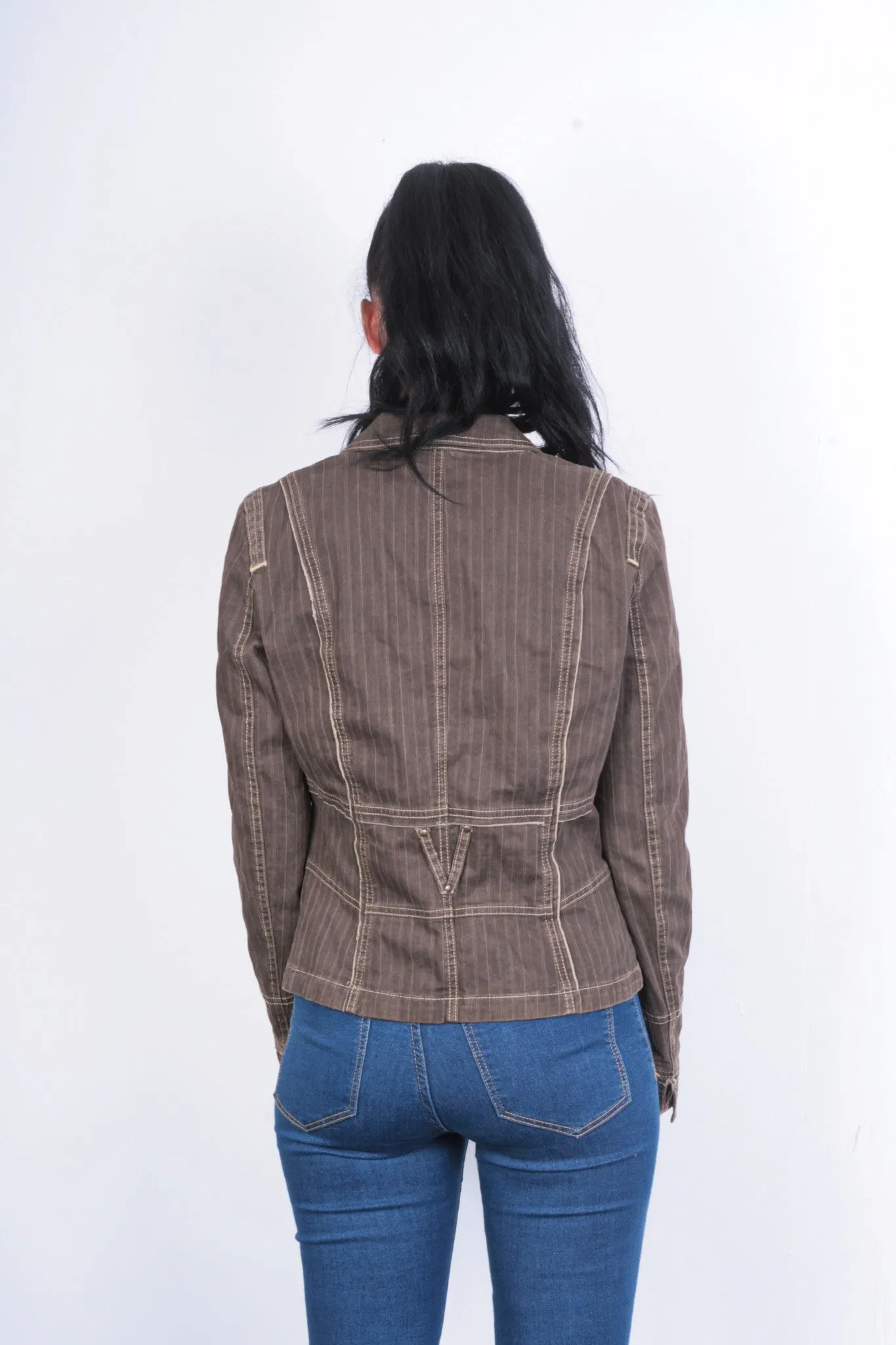 Biba Womens 12 M Blazer Top Suit Jacket Striped Brown Cotton