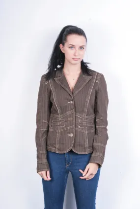 Biba Womens 12 M Blazer Top Suit Jacket Striped Brown Cotton