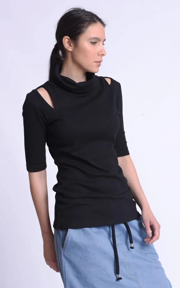 Black Casual Turtle Neck Blouse