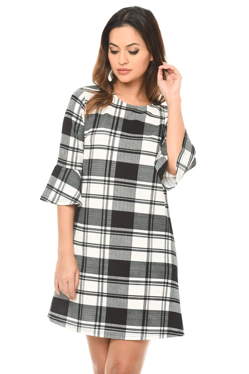 Black Checked A-Line Dress With Frill Detail