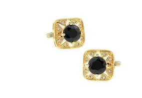 Black Crystal & Gold Filigree Metal Cufflinks