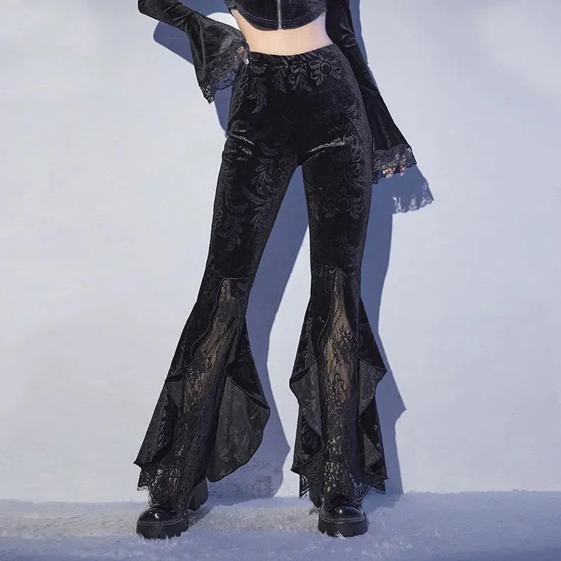 Black Lace Mesh Flared Halloween Pants