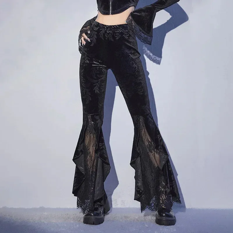 Black Lace Mesh Flared Halloween Pants