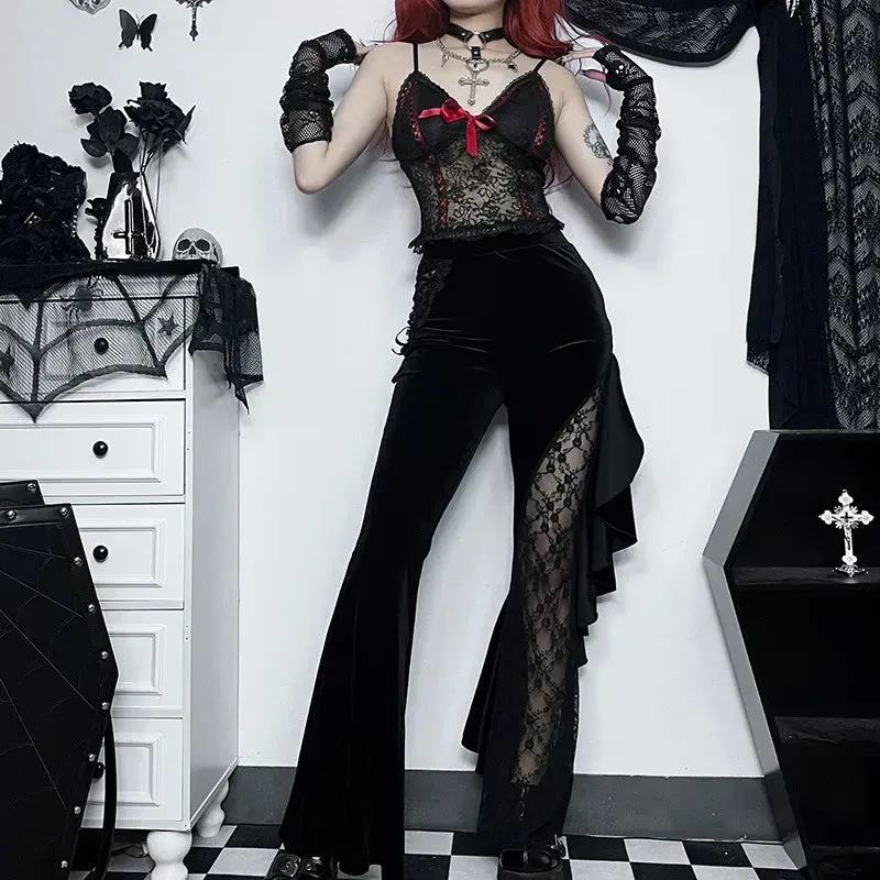 Black Lace Mesh Flared Halloween Pants