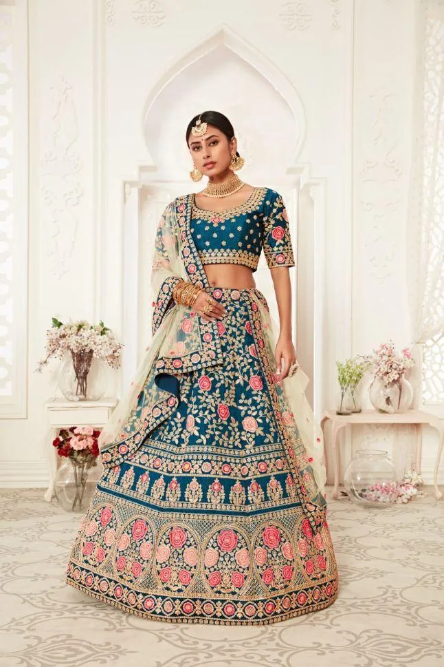 Blue Color Slub Silk Embroidery Lehenga - Rent