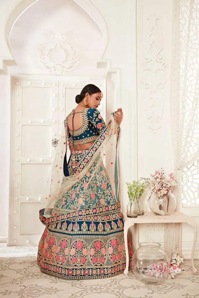 Blue Color Slub Silk Embroidery Lehenga - Rent