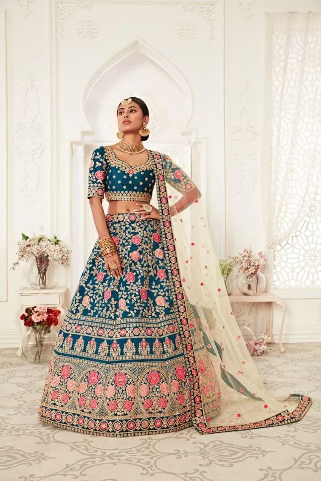 Blue Color Slub Silk Embroidery Lehenga - Rent