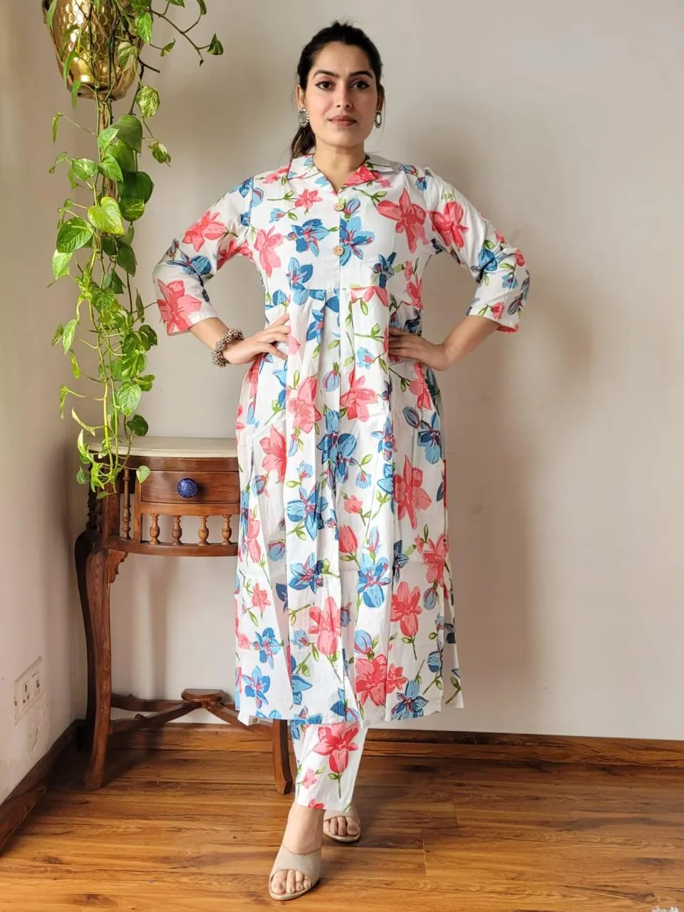 Blue Peach Floral Bagru Print Naira Cut Office Suit Set