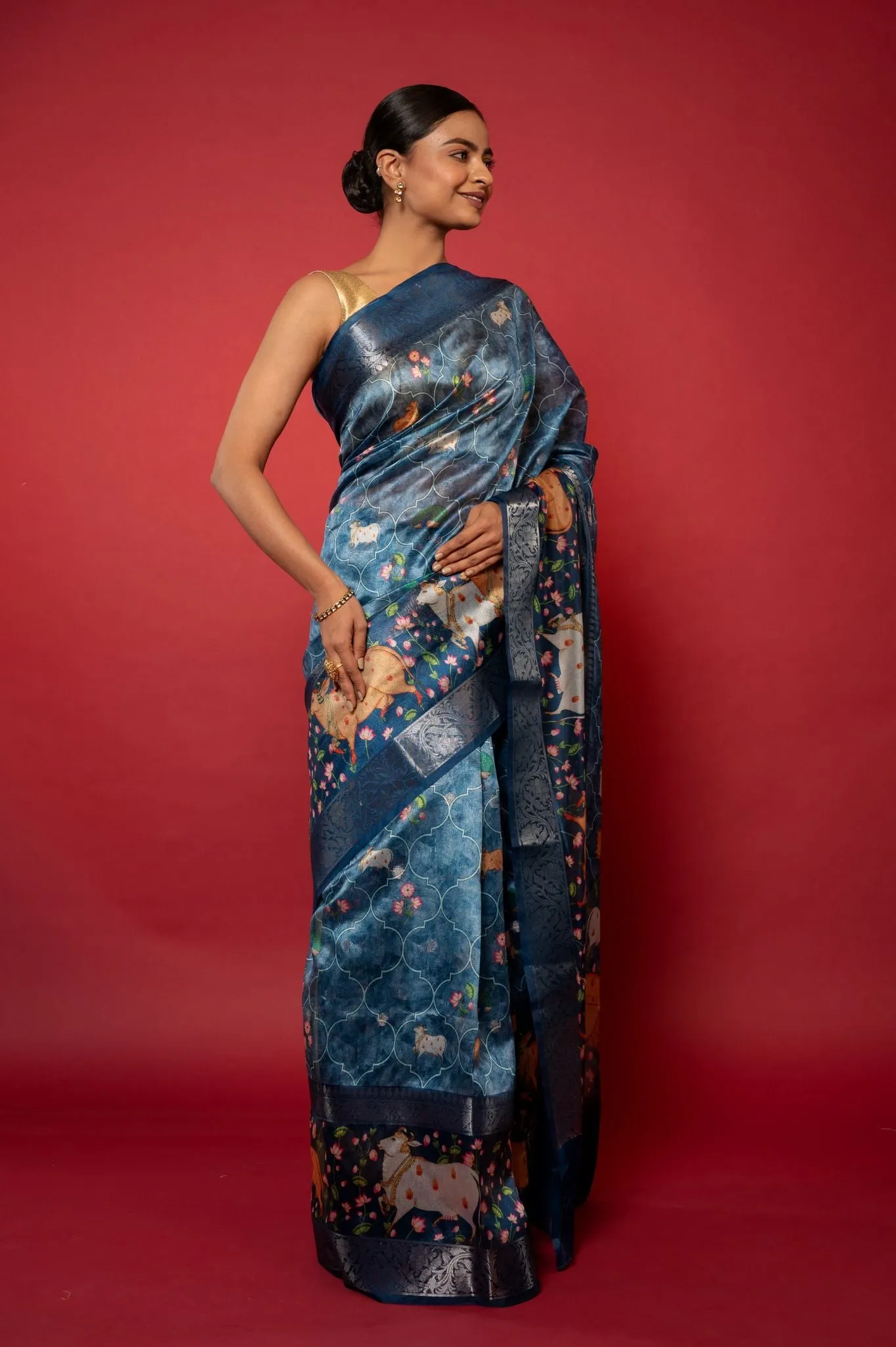 Blue Pichwai Printed Silk Saree