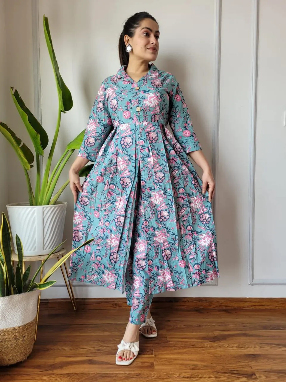 Blue Pink Floral Bagru Print Suit Set