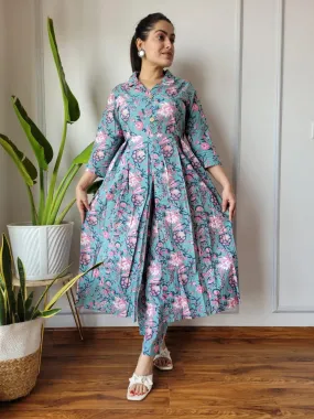 Blue Pink Floral Bagru Print Suit Set