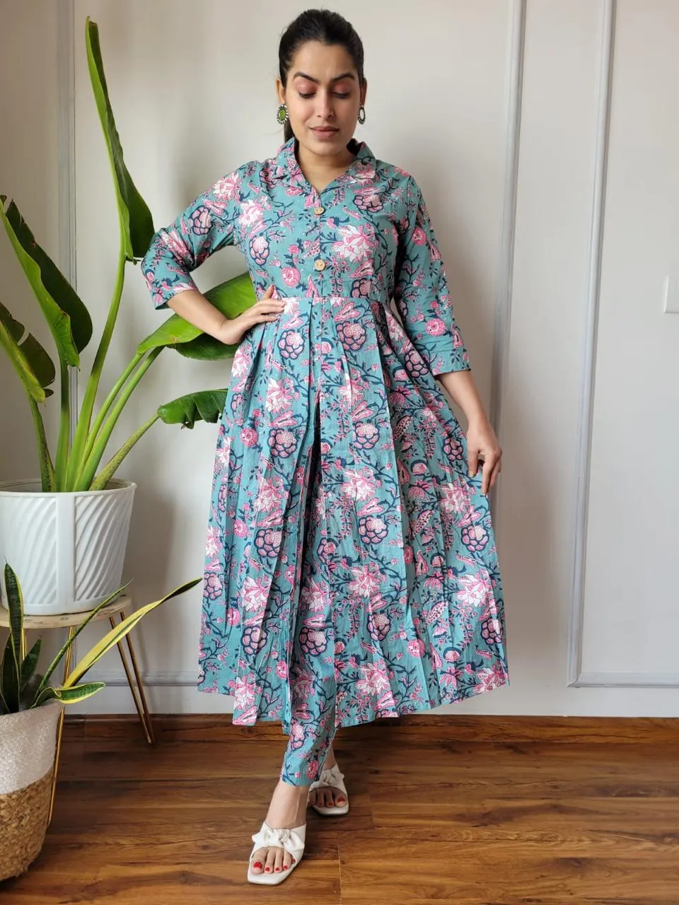 Blue Pink Floral Bagru Print Suit Set