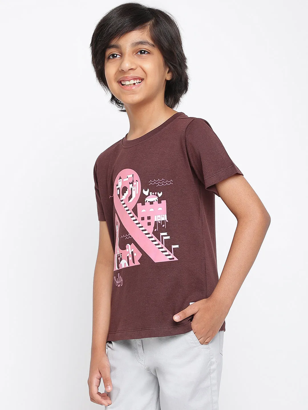 Boys Brown Printed Cotton T-shirt