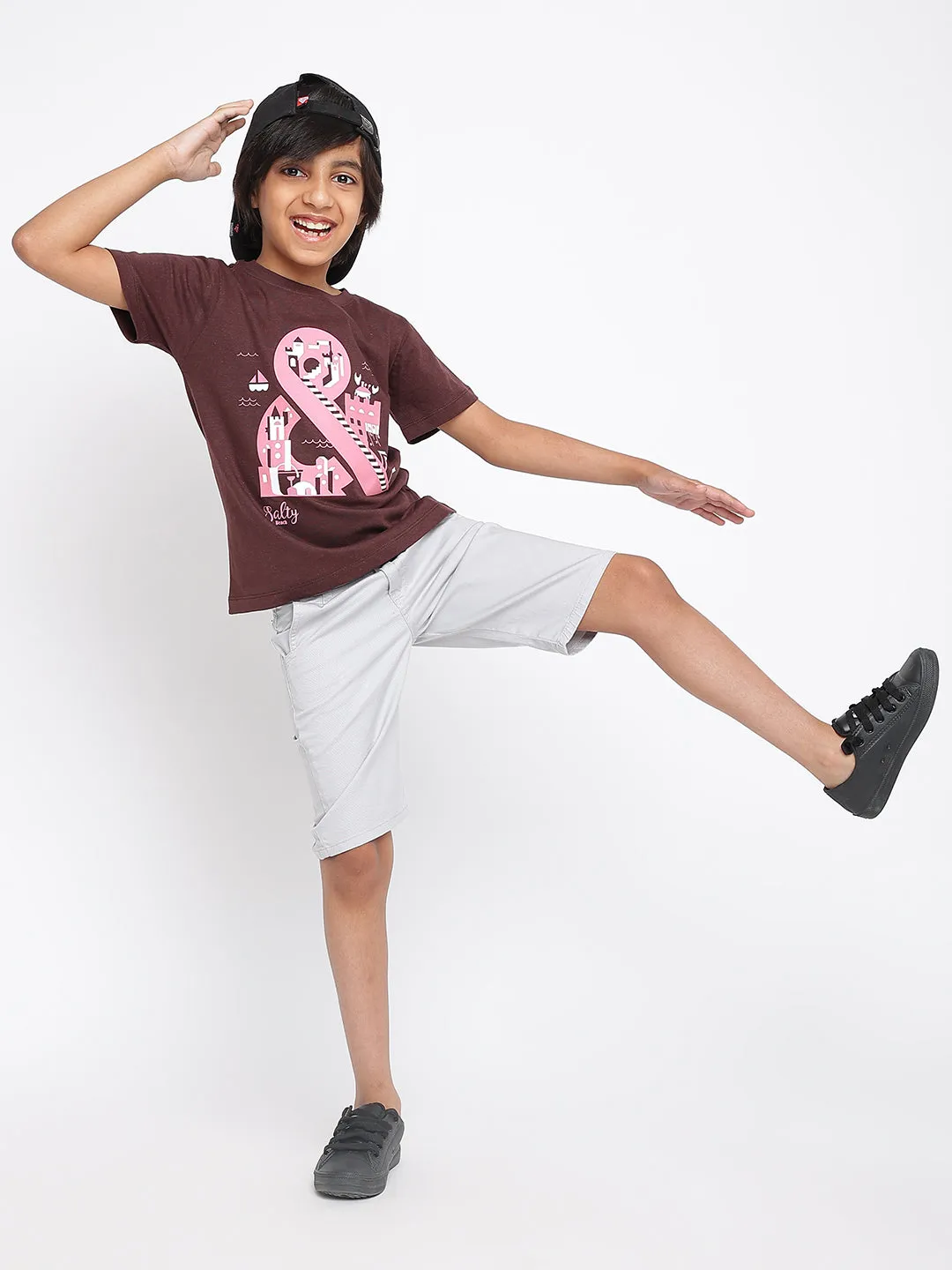 Boys Brown Printed Cotton T-shirt