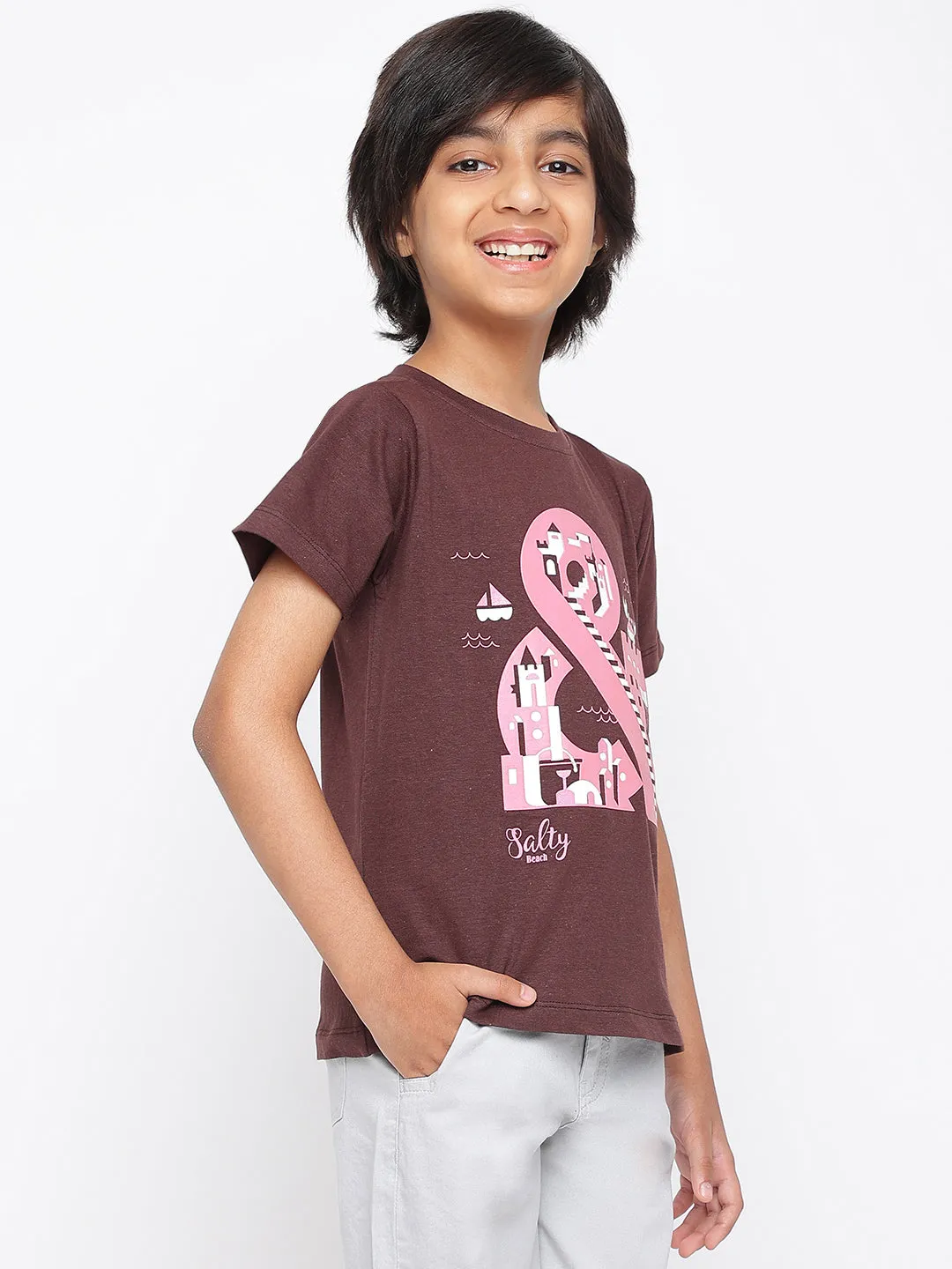 Boys Brown Printed Cotton T-shirt