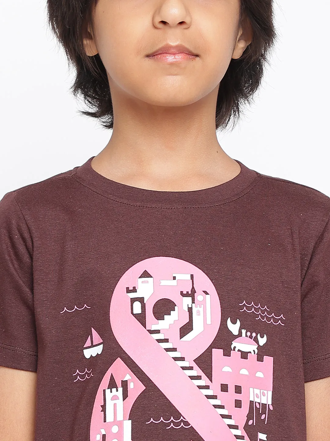 Boys Brown Printed Cotton T-shirt