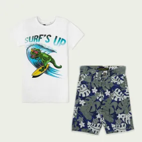 C1616 R-Cul Multi Flower Shorts with CKB Dino Surf's up White T-Shirt