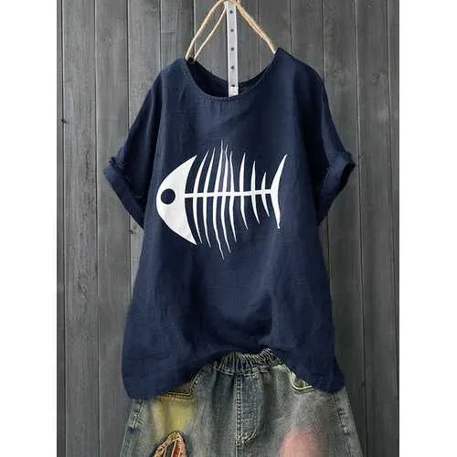 Cartoon Fish Bone Print T-shirt